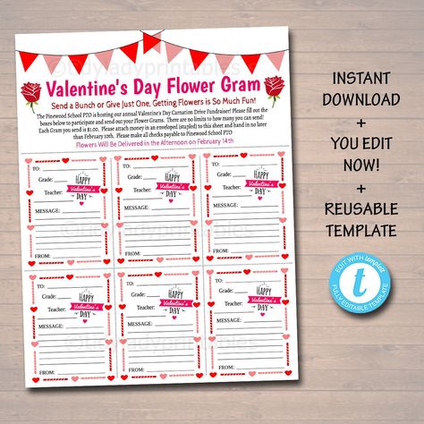 Excited to share the latest addition to my #etsy shop: EDITABLE Valentine's Day Flower Gram Flyer, School Fundraiser Template, Valentine School Church Community Event, Pto Pta, INSTANT DOWNLOAD  #valentinesday #printableflyer #schoolptopta #valentinesinvite #flowergram #carnationdrive #rosefundraiser #flowerfundraiser #tidyladyprintables Candy Gram Fundraiser, Valentines Day Fundraiser Ideas, Fundraisers Ideas, Valentine Candy Grams, Neighborhood Events, Pto Mom, Dance Fundraisers, Valentine School, Donation Letter