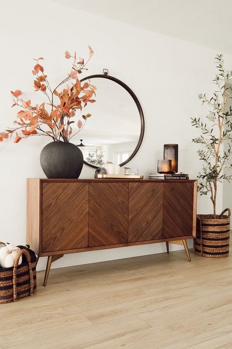 Entry Credenza Decor, Decorate Sideboard In Living Room, Styling Credenza, Entryway Cabinet Decor, Entryway Cabinet Ideas, Entryway Decor Modern Luxury, Side Board Decor, Entryway Sideboard, Entryway Credenza