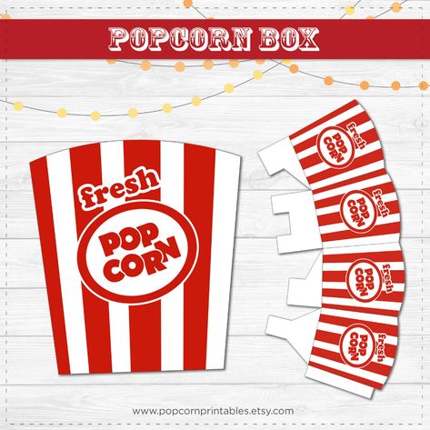 Popcorn Box Printable Instant Download PDF Carnival Popcorn | Etsy Carnival Popcorn, Popcorn Box Printable, Popcorn Business, Popcorn Crafts, Retro Popcorn, Popcorn Bag, Food Miniatures, Box Printable, Red White Stripes