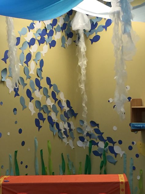 Under Water Classroom Decoration, Diy Sea Theme Decor, Water Theme Preschool Decorations, Under The Sea Themed Crafts, Water Decorations Classroom, Aquatic Classroom Theme, Ocean Themed Wall Decor, Ocean Decor For Classroom, Under Water Decoration