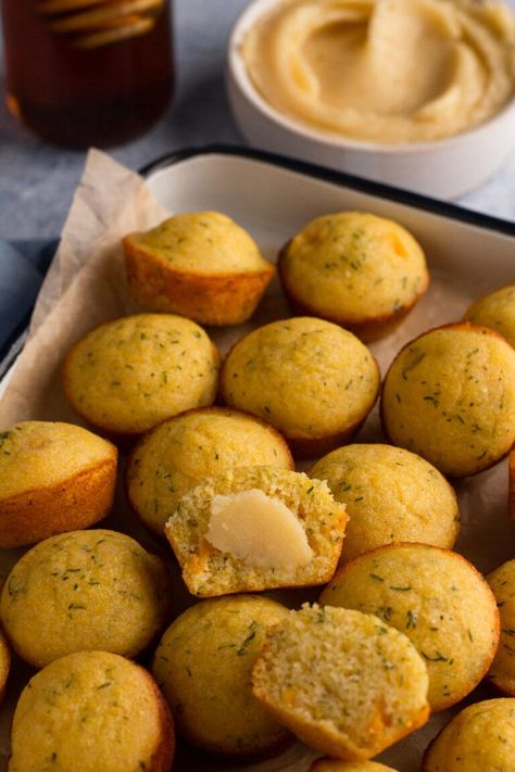 Mini Cornbread Muffins with Honey & Dill - Always Eat Dessert Mini Cornbread Muffins, Mini Cornbread, Honey Cornbread, Cornbread Muffins, Eat Dessert, No Bake Desserts, Cornbread, Muffins, Honey