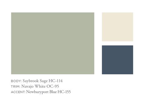 Sage Green House With Blue Door, Navajo White Color Palette, Saybrook Sage Benjamin Moore Exterior, Sage Green House Exterior Color Palettes, Saybrook Sage, Newburyport Blue, Benjamin Moore Navajo White, Sage Green House, Craftsman Bungalow Exterior