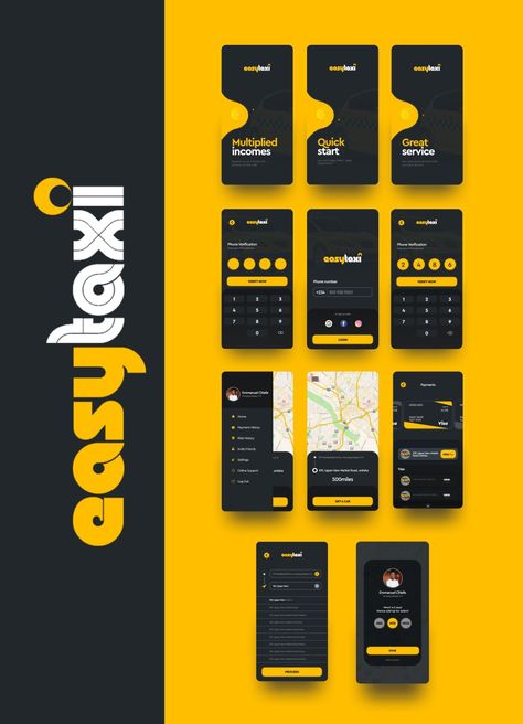 Easytaxi is intended to help you get taxi within the city and still maintain a good visual because of eye straining so everything is design to come in the dark mode while maintaining the deep yellow which is the colour of the logo identity. Yellow Website Design, Yellow Website, Food App Design, Black Website, Ux Design Mobile, Ui Color, Prom Suit, Logo Yellow, Mobile App Design Inspiration