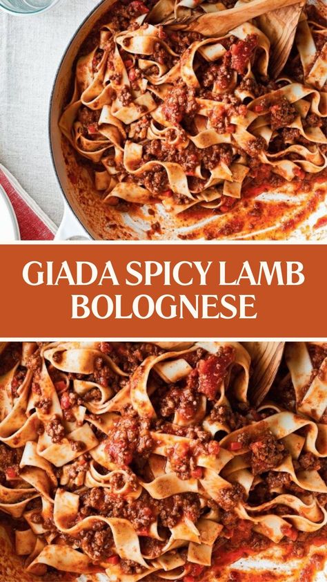 Giada Spicy Lamb Bolognese Lamb Bolognese Recipes, Ground Lamb Pasta, Ground Lamb Pasta Recipes, Lamb Bolognese, Courtney Williams, Ground Lamb Recipes, Lamb Pasta, Ground Chuck, Giada Recipes