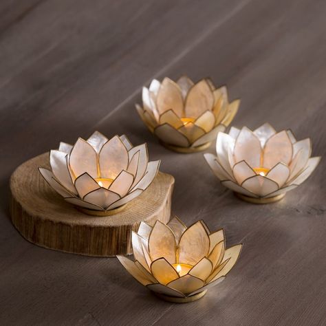 Capiz Shell Lotus Tealight Holders | VivaTerra Lotus Candle Holder, Diy Fleur, Lotus Candle, Diy Diwali Decorations, Flower Chandelier, Diwali Diy, Capiz Shell, Shell Decor, Shabby Chic Diy