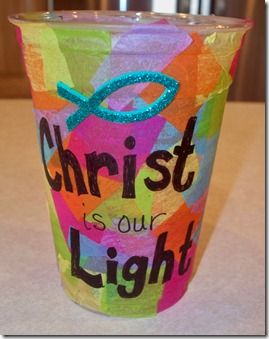 doily monstrance | Christ is our Light – Lanterns made from clear cups and tissue paper ... Handprint Campfire, Craft Background, Vacation Bible School Craft, Sunday School Projects, Children's Church Crafts, Bible Story Crafts, Bible School Crafts, Religious Crafts, Christian Crafts