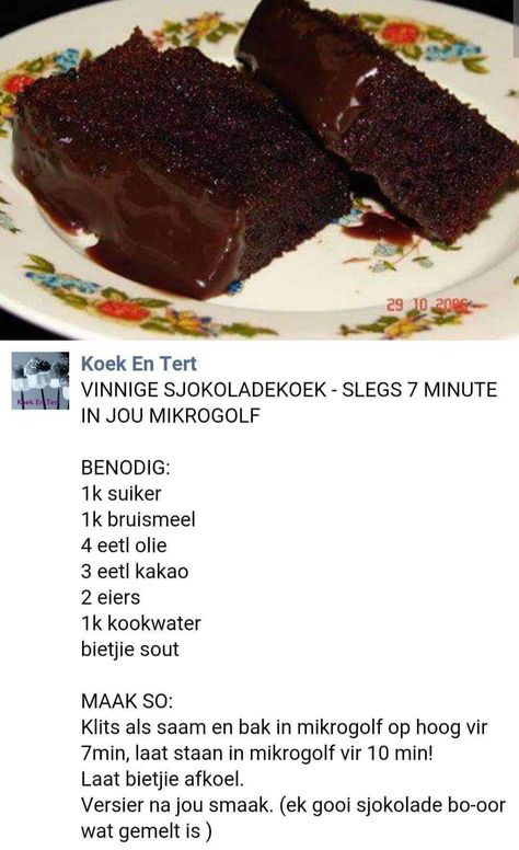 Sjokolade Koek Resep, Sjokolade Koek, Microwave Cake Recipe, Microwave Cooking Recipes, Easy Microwave Recipes, Easy Tart Recipes, Microwave Dessert, Cake Recipes Easy Homemade, Easy Banana Bread Recipe