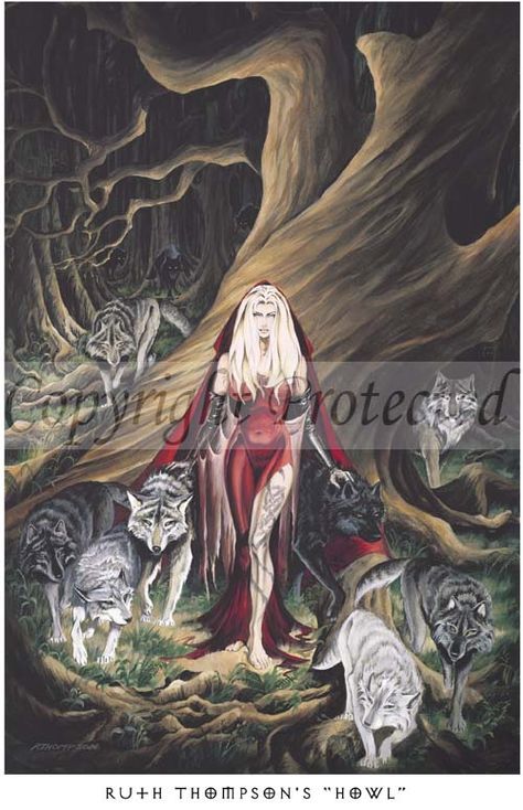 This wonderful artwork by Ruth Thompson features a stunning lady in a red dress and hooded cloak. She stalks through the forest, amidst spooky trees, with a pack of wolves surrounding her. Each wolf is unique, and more can be seen in the background, as well. A unique take on Little Red Riding Hood! Spooky Trees, Cool Wall Decor, Best Dad Gifts, Fantasy Artist, High Fantasy, Little Red Riding Hood, Red Riding Hood, Cool Walls, Posters Art Prints