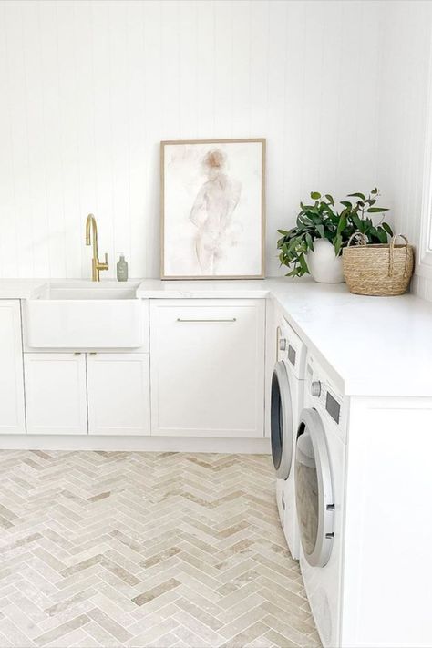 Light and bright laundry featuring stone coloured herrringbone tiles on the floor and VJ panelling on the wall. Featured here is the Turner Hastings Novi 61 x 46 Universal Flat or Ribbed Fireclay Butler Sink Herringbone Floor Tiles, Herringbone Subway Tile, Luxury Laundry, Herringbone Tile Floors, Interior Design Principles, Laundry Room Flooring, White Laundry, Room Tips, Butler Sink