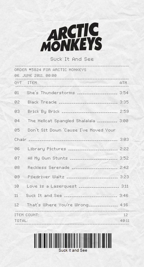 Suck It And See Arctic Monkeys album receipt. Album Receipt, The Arctic Monkeys, Arctic Monkeys Wallpaper, Monkey Wallpaper, Library Pictures, 3d Wallpaper Iphone, The Last Shadow Puppets, Monkey 3, Artic Monkeys