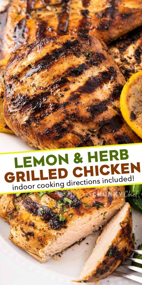 Lemon Herb Grilled Chicken - The Chunky Chef Grilled Chicken Seasoning, Lemon Chicken Breast Recipes, Chicken With Herbs, Lemon Chicken Marinade, Chicken Breast Marinade Recipes, Herb Chicken Recipes, Best Grilled Chicken, Grilled Chicken Breast Recipes, Grilled Lemon Chicken