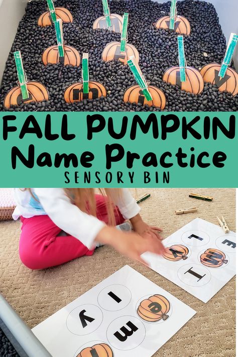 I love including name practice in our themed learning! This Pumpkin Name Practice Sensory Bin helps with name recognition, letter matching, and motor skills. It’s the perfect activity for fall! Fall Name Recognition Activities, Fall Preschool Name Activities, Fall Name Activities, Fall Name Crafts Preschool, Pumpkin Name Craft, Preschool Name Crafts, Letter Matching Preschool, Pre School Graduation, Lesson Plan Themes