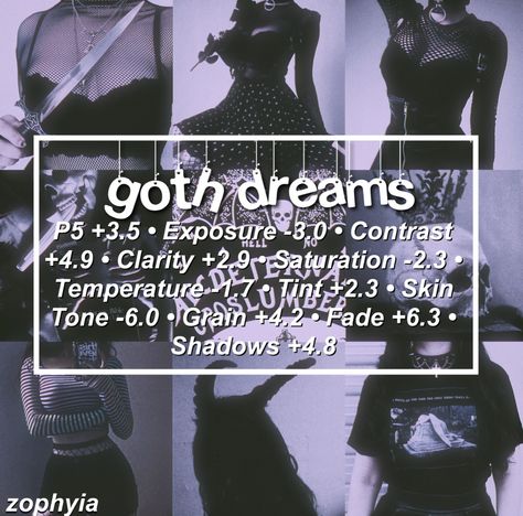 goth. dreams; please give credit when using! 🖤🍒  ~works best with  pictures that have white and black tones and good lighting ~   Vsco: Filter: P5 3.5 Exposure: -3.0 Contrast: 4.9 Clarity: +2.9 Saturation: -2.3 White Balance: Temp. -1.7 Tint. +2.3 Skin tone: -6.0 Vignette: +4.6 Grain: +4.2 Fade: +6.3 Shadows: +4.8  Prequel:  Disco 4 Grain 3 Stellar Goth Photo Editing, Goth Vsco Filter, Gothic Photo Editing, Goth Photo Edit, Vsco Black And White Filter, Vsco Photo Edits, Vsco Black And White, Goth Filter, Prequel Filters