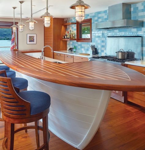 Beach Bar Interior Design, Lake House Bar, Boat Island Kitchen, Nautical Bar Ideas, Nautical Theme Restaurant Interior Design, Boat Bars Ideas, Boat Bar Design, Boat Shaped Kitchen Island, Boat Bar Ideas