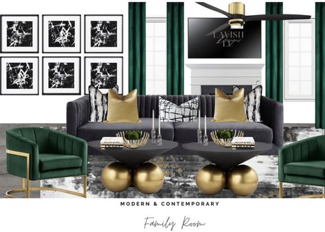 Emerald Green Living Room, Emerald Green Decor, Black And Gold Living Room, Silver Living Room, Green Living Room Decor, Black Living Room Decor, Grey Couch Living Room, Black And White Living Room, Elegant Living Room Decor