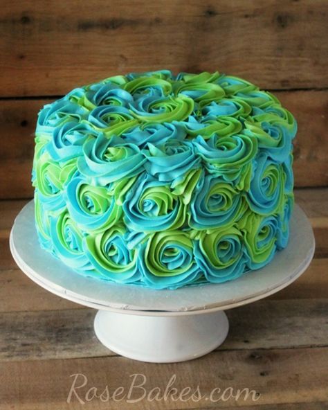 Turquoise & Lime Green Swirled Buttercream Roses Cake Buttercream Roses Cake, Buttercream Rose Cake, Birthday Cake For Women, Cake For Women, Green Birthday Cakes, Roses Cake, Buttercream Roses, Thanksgiving Cakes, Green Cake