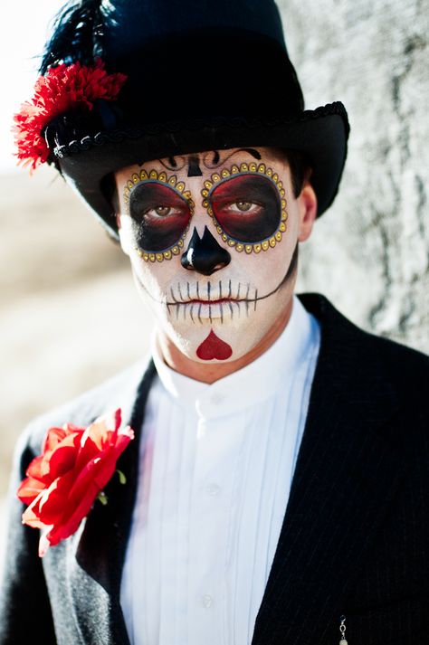 Aaron Minegar from the Dia De Los Muertos shoot. Day Of The Dead Makeup For Men, Catrin Costume Men, Dia De Los Muertos Makeup Ideas For Men, Dia Los Muertos Makeup, Mexican Skull Makeup Men, Sugar Skull Makeup For Men, Mens Dia De Los Muertos Makeup Ideas, Halloween Gown, Voodoo Halloween