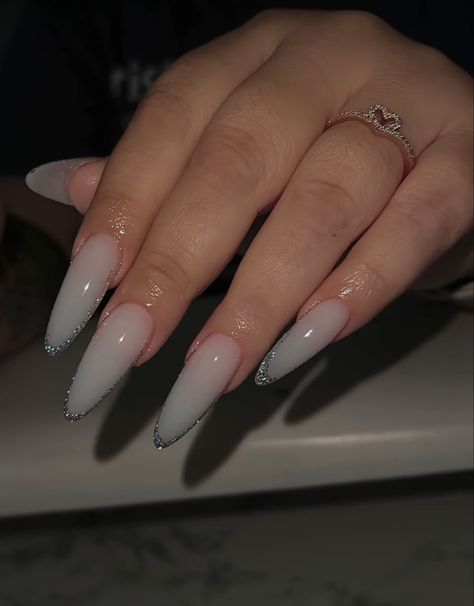 Long Sharp Almond Nails, Long Almond Nails Silver, Milky White Nails Acrylic Almond Long, Long Oval White Nails, Long Russian Almond Nails, Long Oval Nails, Red Stiletto Nails, Long Almond Nails, Shiny Nails Designs