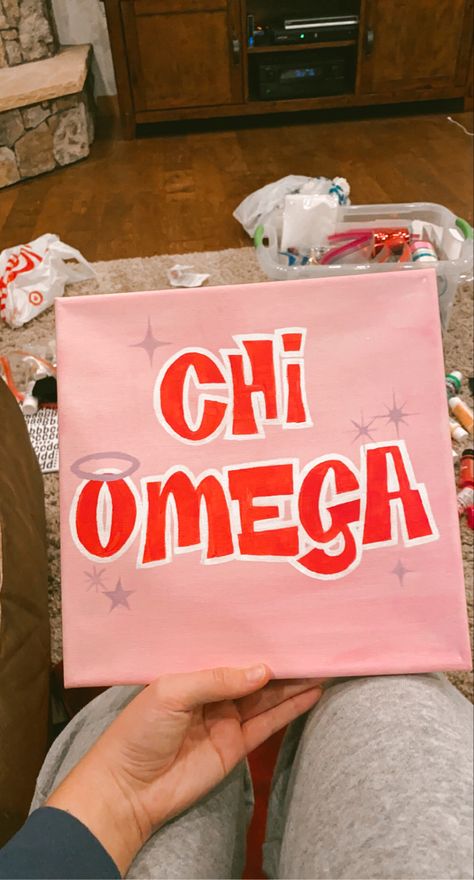 Chi Omega Canvas sorority craft bratz themed Sorority Canvas Chi Omega, Bratz Sorority Theme, Chi O Canvas Ideas, Chi Omega Paintings Canvases, Axo Canvas Painting, Chi Omega Big Little Basket, Chi Omega Canvas Painting, Dphie Canvases, Chi Omega Paintings