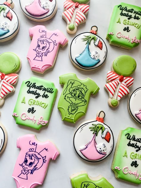 Gender Reveal Grinch, Whoville Gender Reveal, Grinch Baby Shower Cookies, Grinch Theme Gender Reveal, The Grinch Gender Reveal Ideas, Whoville Cookies, Baby Grinch Baby Shower Ideas, Grinch Baby Reveal, Grinch Theme Gender Reveal Ideas