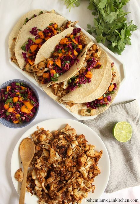 Spicy Vegan Jamaican Jerk Cauliflower Tacos with Mango Salsa Jerk Tacos, Jerk Cauliflower, Vegan Cauliflower Tacos, Vegan Jamaican, Vegan Comfort Food Recipes, Jerk Recipe, Tacos With Mango Salsa, Street Taco, Cauliflower Tacos