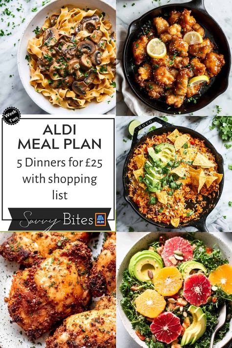 Aldi Budget £25 Meal Plan: Week 2 Meal Plan With Shopping List, Week Menu Plan, Weekly Aldi Meal Plan, 1 Week Meal Plan, Aldi Meal Prep, Healthy Aldi Meals, Aldi Meal Ideas, Aldi Meals, Aldi Dinner Ideas