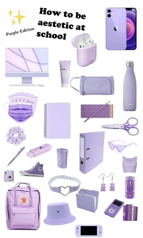 Purple School Aesthetic, Purple Backpack School, Purple Backpack Aesthetic, Purple School Supplies Aesthetic, Purple Stationary Aesthetic, Purple Back To School Supplies, Purple School Bag, Purple School Supplies, Purple Wishlist