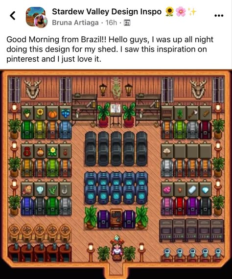 Stardew Valley House Layout No Mods, Shed Interior Stardew Valley, Shed Designs Stardew Valley, Stardew Valley Standard Farm Layout Year 2, Stardew Farmhouse Design, Chest Organization Stardew Valley, Sdv Shed Design, Sdv Shed Layout, Stardew Valley Chest Layout