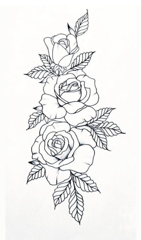 Flower rose drawing with leaves Tattoo Stencil, Line Drawing, Tattoo Designs, Roses, Black And White, Tattoos, White, Black