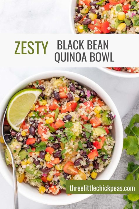 Zesty quinoa salad with black beans in a bowl with a lime wedge. Black Bean Quinoa Bowl, Vegan Quinoa Bowl, Quinoa Bowls Healthy, Zesty Quinoa Salad, Southwest Quinoa Salad, Zesty Salad, Healthy Bowls Recipes, Black Bean Recipes, Black Bean Quinoa