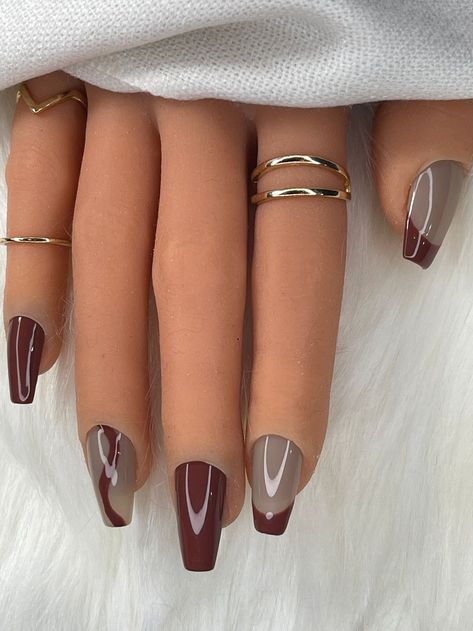 Brown And Nude Nails, Maroon Acrylic Nails, Maroon Nail Designs, Brown Tips, Maroon Nails, Fall Gel Nails, Fancy Nails Designs, Nice Nails, Burgundy Nails