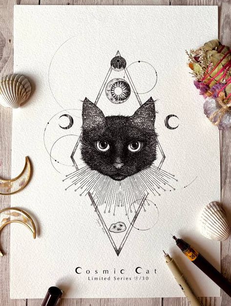 Mystic Cat Tattoo, Mind Shift, Cat Tattoo Designs, Cat Tattoo, Dark Art, Pen And Ink, Tattoo Ideas, Tattoo Designs, Acrylic Painting