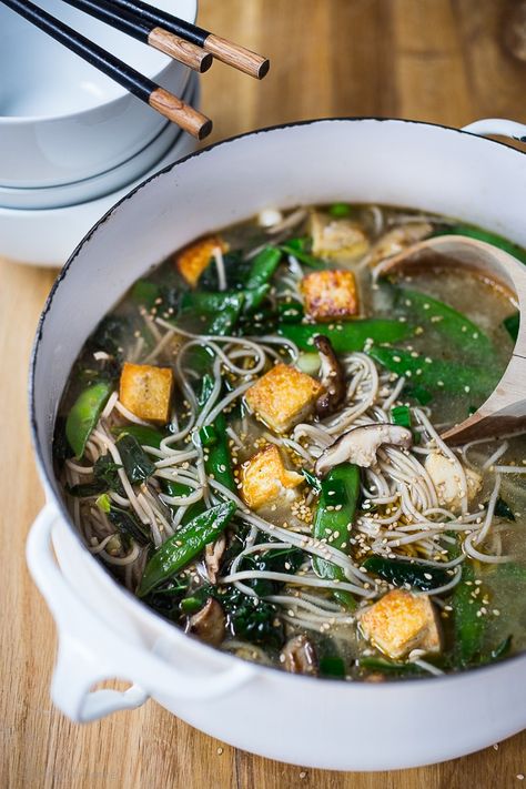 A hearty delicious brothy soup full of healthy veggies and nutrients. Vegan and GF adaptable! #soba #sobanoodlesoup Soba Noodle Soup, Soba Noodles Soup, Feasting At Home, Soba Noodle, Vegetarian Soup Recipes, Snow Peas, Ramen Recipes, Noodle Soup Recipes, Soba Noodles