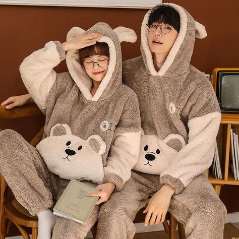 Couple Pajamas Aesthetic, Couple Pajamas Matching, Cozy Pyjamas, Boyfriend Cartoon, Couple Aesthetic Outfits, Matching Onesies, Brown Puppy, Womens Onesie, Couple Matching Outfits