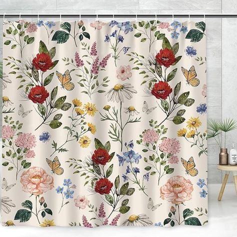 Amazon.com: AnyDesign Wildflower Shower Curtain 72 x 72 Inch Retro Flowers Butterfly Fabric Shower Curtain with 12 Hooks Waterproof Floral Bathroom Curtain for Home Hotel Bathroom Decoration : Home & Kitchen Nola House, Butterfly Fabric, Floral Bathroom, Flowers Butterfly, Fabric Shower Curtain, Bathroom Curtain, Hotel Bathroom, Home Curtains, Bathroom Decoration