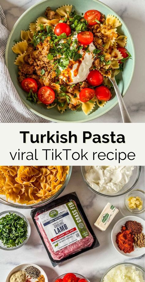 This viral TikTok Turkish pasta recipe, shared by Anna Paul, is made with ground beef (or lamb), pasta, yogurt, garlic, a butter sauce, and fresh toppings. It's so delicious and is a hearty, tasty meal! Pastas For Lunch, Healthy Eating Beef Recipes, Easy Everyday Lunches, Manti Turkish Recipe, Turkish Pasta Manti, Healthy Recipe With Ground Turkey, Turkish Pasta Tik Tok, Anna Paul’s Turkish Pasta, Turkish Pasta With Yogurt