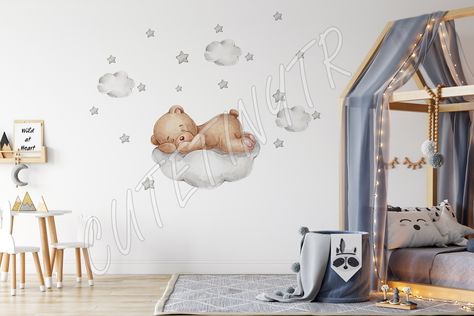 WALL DECAL SIZES: Teddy Bear and Cloud: 70Wx50H cm Clouds: 3 pcs 15 cm Stars: 25 pcs 4-5 cm -It is self adhesive. -You don't need to use any extra glue. -Made of durable and high quality German brand foil material. -Can be used for years. -Satin paint, oil paint, plastic, wood, glass, etc. It can be used on all smooth surfaces. -It looks like a wallpaper because it has a matte look. -Can be wiped gently with a damp cloth. Please feel free to message me if you have any questions at all. Shipping Boys Room Curtains, Boys Room Wall Decor, Teddy Bear Nursery, Paint Plastic, Wall Stickers Animals, Stars Wall Decor, United Parcel Service, Animal Wall Decals, Bear Nursery