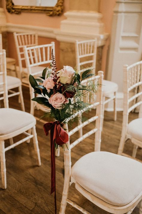 Burgundy Chair Sashes, Burgundy Aisle Flowers, Wedding Aisle Red, Chair Flower Decoration, Church Pew Flowers, Velvet Ribbon Wedding, Church Aisle Decorations, Pink And Burgundy Wedding, Wedding Decisions