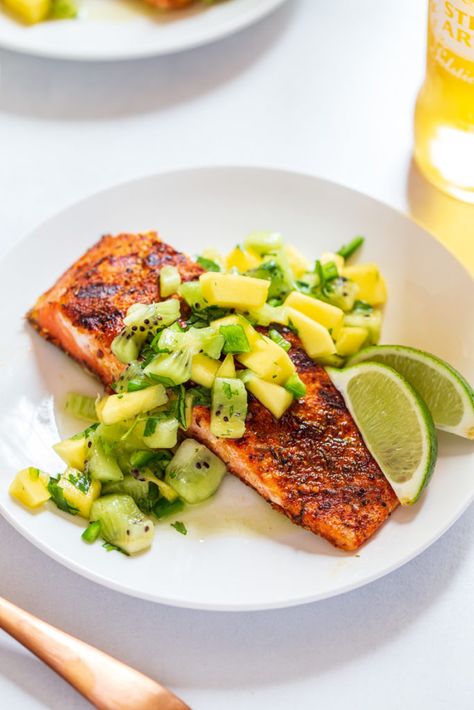 Strawberry Blondie, Salmon With Mango, Jerk Salmon, Salmon Platter, Mango Salsa Salmon, Sauce For Salmon, Recipes Seafood, Ginger Sauce, Salmon Dishes