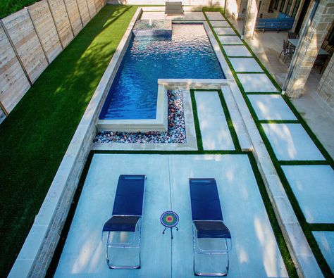 Watercrest Pools | Dallas / Fort Worth Custom Pool Builder | Modern Concrete Deck Blocks, Deck Blocks, Travertine Deck, Catch Basin, Automatic Pool Cover, Travertine Pool Coping, Geometric Pool, Glass Pool Tile, Concrete Deck