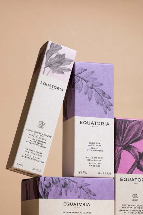 EQUATORIA Repositionnement de marque - Agence Simone / Stratégie & Image de marque Perfume Packaging Design Boxes, Flower Box Design, Cosmetic Package Design, Perfume Packaging Design, Plastic Bottle Design, Floral Packaging, Cosmetics Design, Makeup Packaging, Cosmetic Package