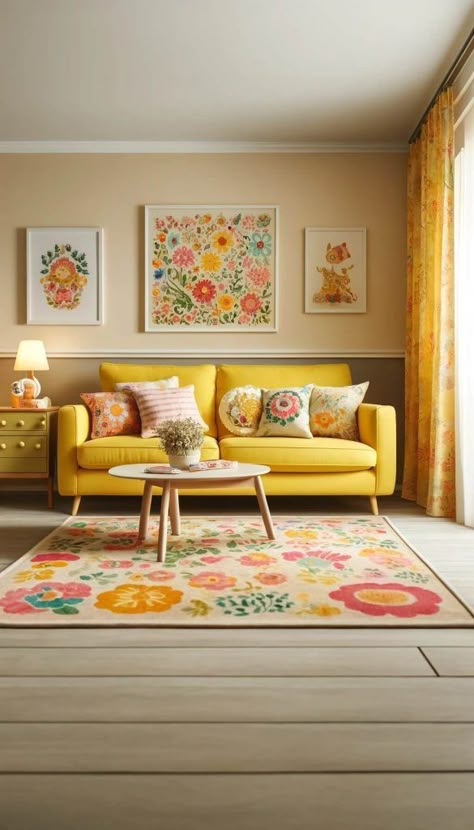 Yellow Couch, Rug Colors, Neutral Tones, A Living Room, Living Room Ideas, Beautiful Rug, Home Interior, Room Design, Home Sweet Home