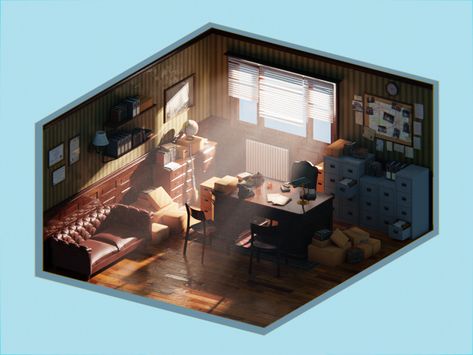 Detective Office, Interior Concept Art, Noir Detective, Detective Aesthetic, Resident Evil Girl, 3d Scene, Isometric Art, Detective Agency, Work Room