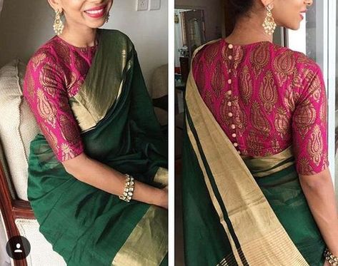 contrasting blouse colors with green sarees Brocade Suits Indian, Brocade Suits, Brocade Blouse Designs, Suits Indian, Blouse Designs High Neck, Sari Design, New Saree Blouse Designs, Traditional Blouse Designs, Blouse Design Images