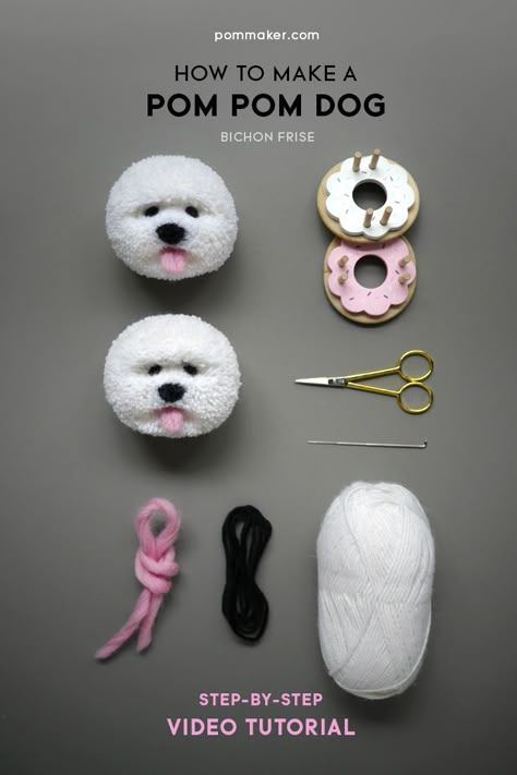 How to Make a Pom Pom Dog (Bichon Frise) - Pom Maker Blog Pom Pom Maker Diy, Embroidered Plushies, Animal Art Projects For Kids, Dogs Crafts, Pom Pom Puppies, Pom Puppy, Pom Pom Animals, Pom Dog, Animal Art Projects