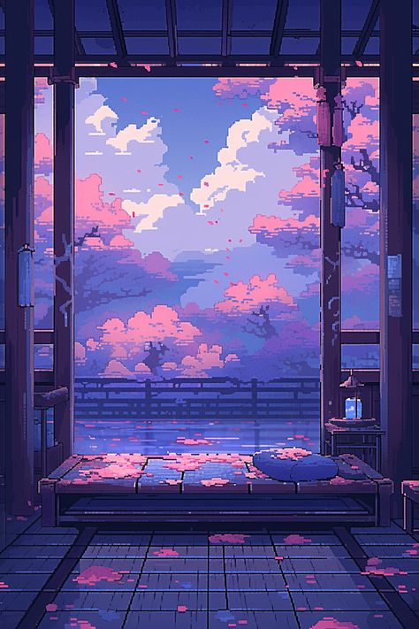 Lofi Purple Aesthetic, Japanese Lofi Wallpaper, Lofi Pixel Art, Pink Lofi Aesthetic, Relaxing Wallpapers, Pixel Art Background, Cool Pixel Art, Liminal Spaces, Japon Illustration