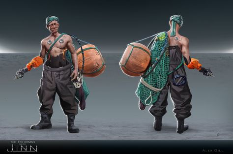 ArtStation - Fisherman and the Jinn : Fisherman Character Design , Alex Gill Fisher Character Design, Fisherman Reference, Nautical Character Design, Dnd Fisherman, Tabaxi Sorcerer, Fisherman Character Design Concept Art, Fisherman Clothes, Sea Character Design, Fisherman Concept Art