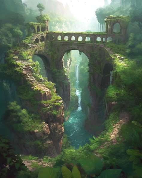 Dragon Village, Fantasy Bridge, Ruins Landscape Fantasy Art, Nature Temple Fantasy Art, Ruined Village, Forest Ruins Concept Art, Fantasy Jungle Kingdom, Fantasy Jungle Temple, Zoo Architecture