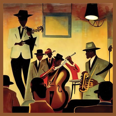 1950s Jazz Aesthetic, 20s Jazz Aesthetic, Jazz Cartoon Aesthetic, Jazz Club Painting, 70s Jazz Aesthetic, Black Jazz Aesthetic, 50s Jazz Aesthetic, Jazz Spotify Playlist Cover, Vintage Jazz Poster