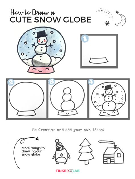 How to Draw a Cute Snow Globe Directed Drawing Winter For Kids, How To Draw A Snowglobe, How To Draw A Snow Globe, January Directed Drawing For Kids, Directive Drawing For Kids, How To Draw Winter Things, Winter Drawing Ideas Easy, Snowglobe Drawings, Winter Directed Drawing For Kids